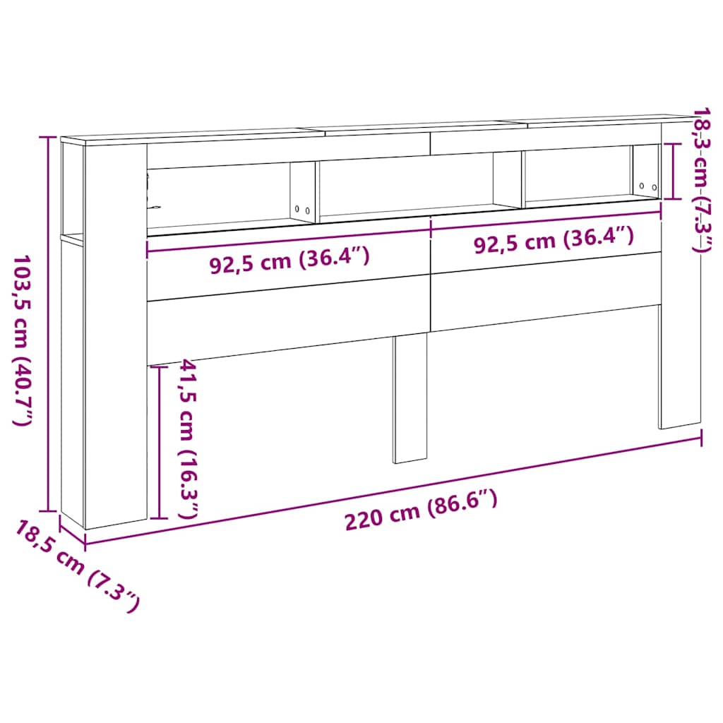 Tête de lit LED avec étagère Chêne noir 220 x 18,5 x 103,5 cm