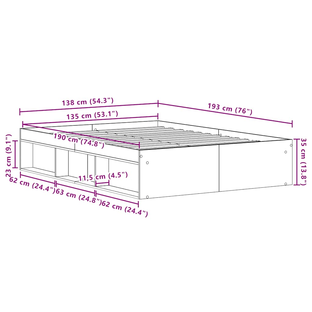 Cadre de lit sans matelas bois ancien 135 x 190 cm bois d'ingénierie