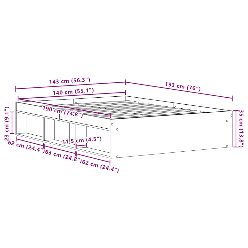 Cadre de lit sans matelas chêne noir 140 x 190 cm bois d'ingénierie