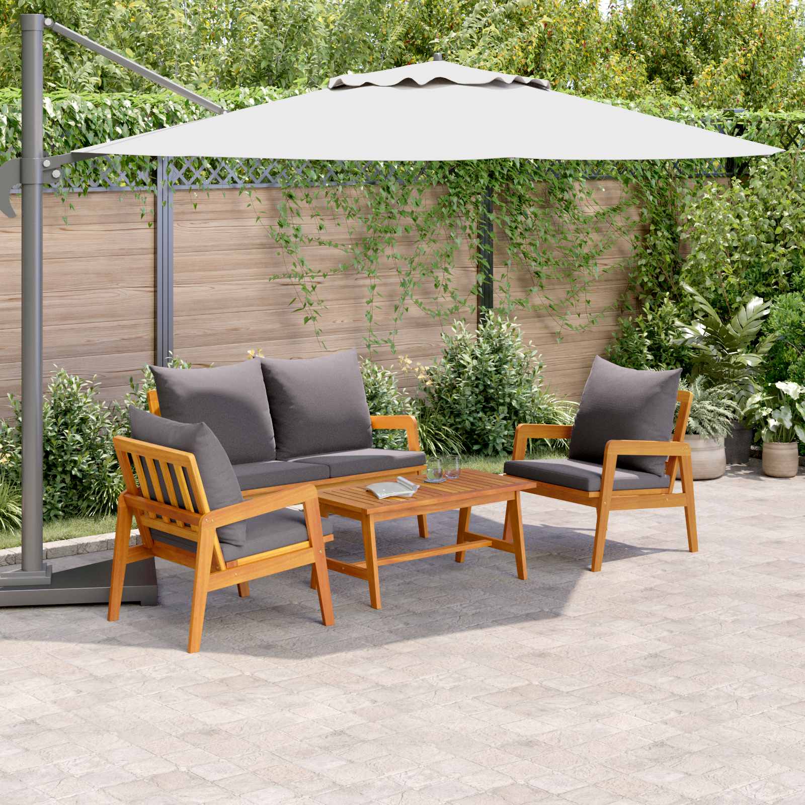 Ensemble bistrot avec coussin 4 pcs Marron Bois d'Acacia Massif