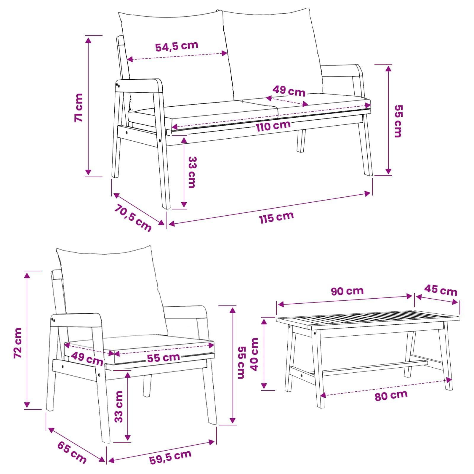 Ensemble bistrot avec coussin 4 pcs Marron Bois d'Acacia Massif