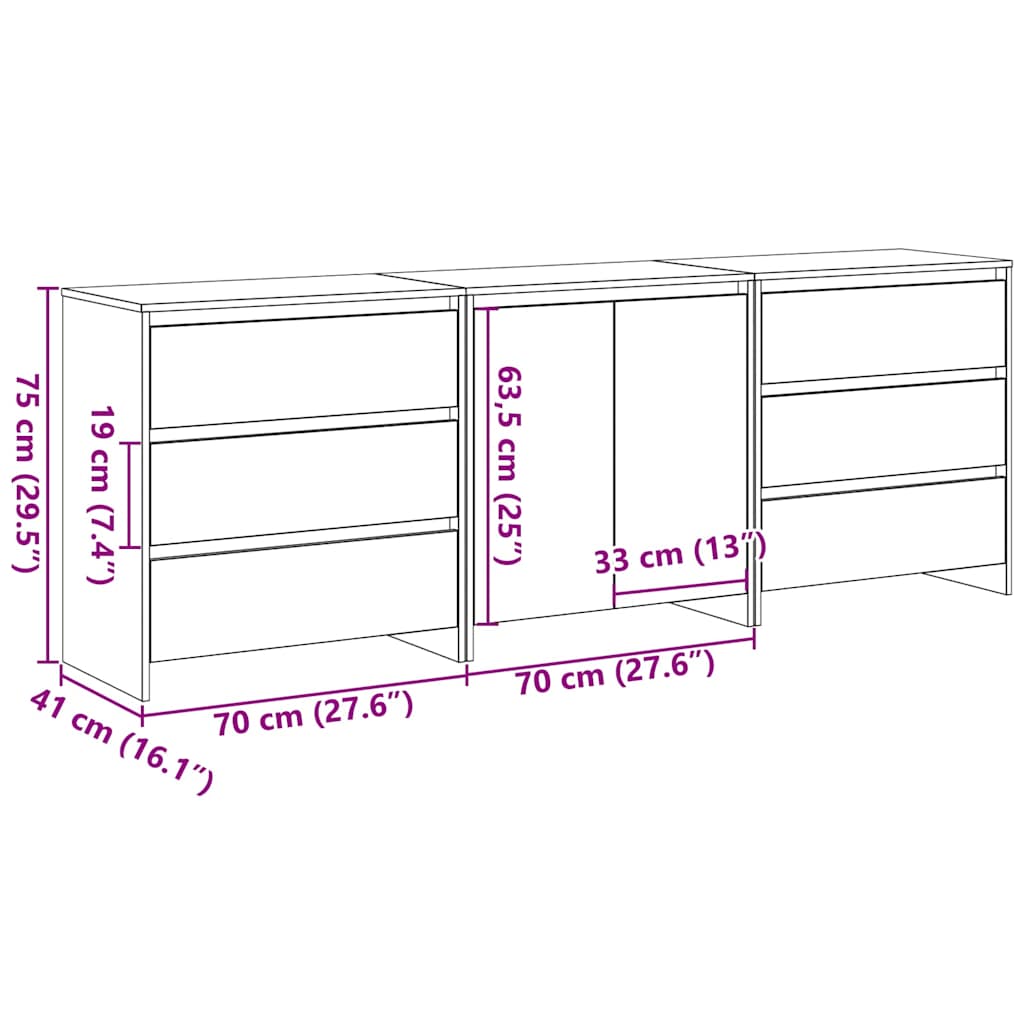 Buffet avec tiroir 3 pcs Noir 70 x 41 x 75 cm Bois d'ingénierie - XIOS