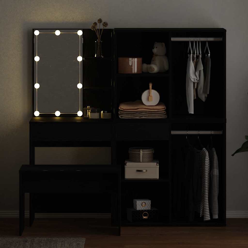 Ensemble de table de maquillage avec LED 4 pcs Chêne noir