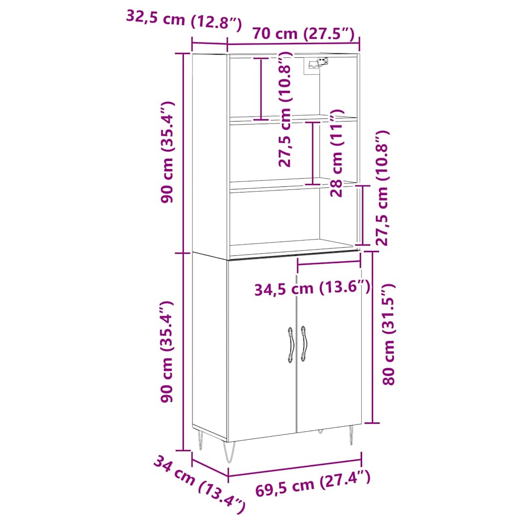Haut Armoire Montage mural 2 pcs Chêne noir 70 x 34 x 180 cm - XIOS