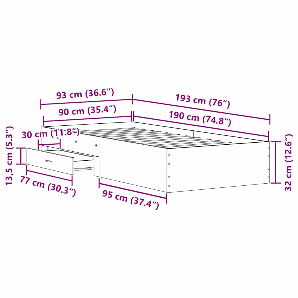 Cadre de lit avec tiroirs chêne artisanal 90 x 190 cm - XIOS