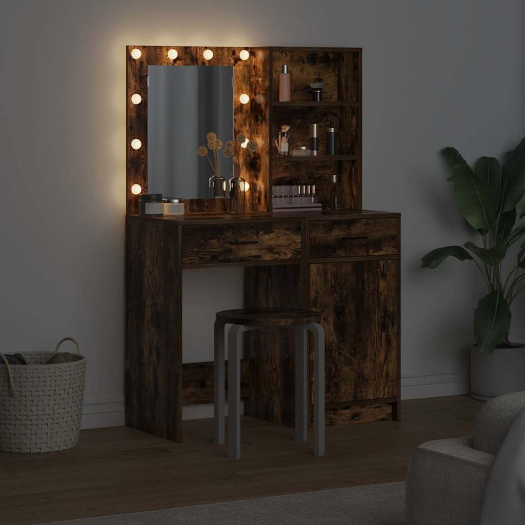 Ensemble de table de maquillage avec LED 2 pc Chêne fumé