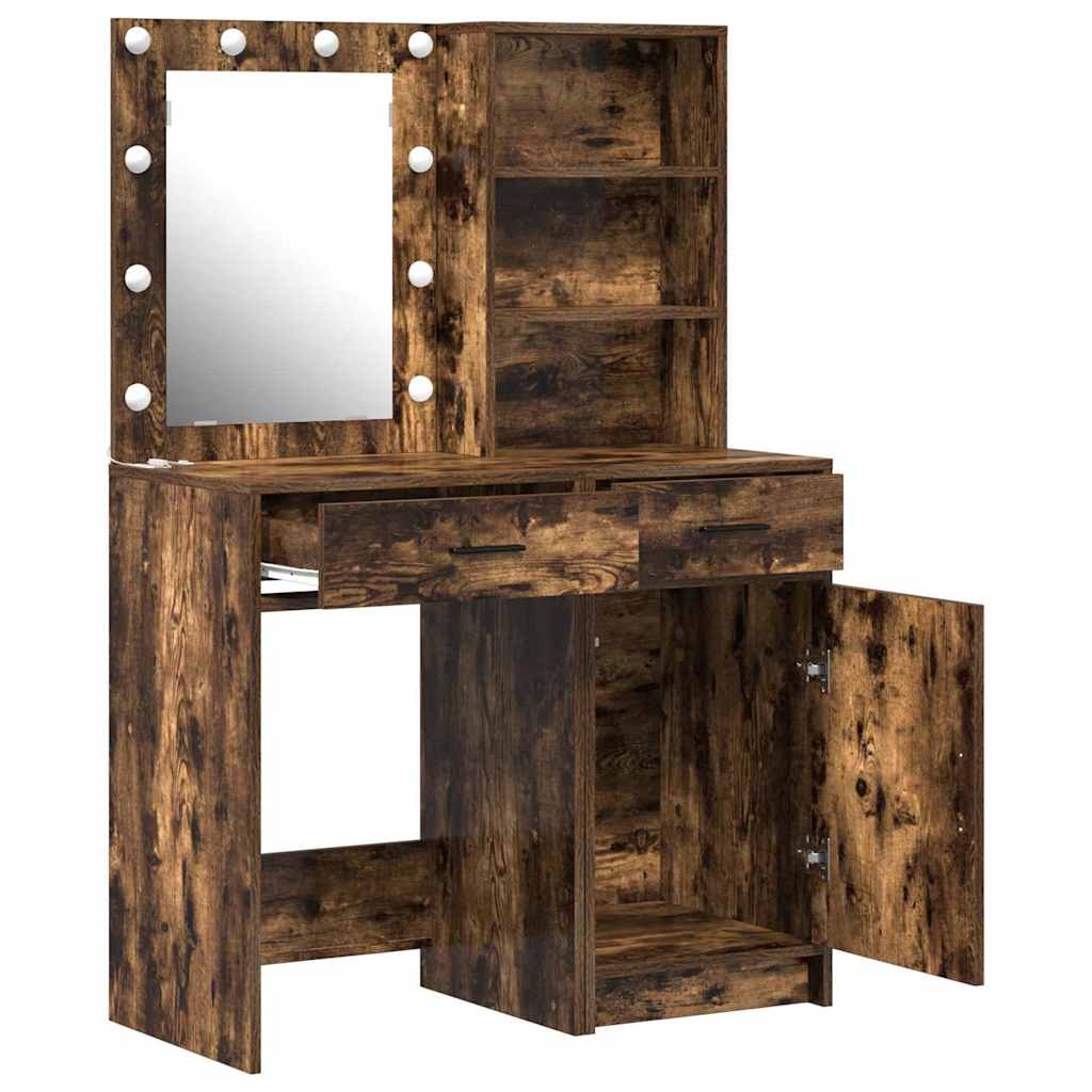Ensemble de table de maquillage avec LED 2 pc Chêne fumé