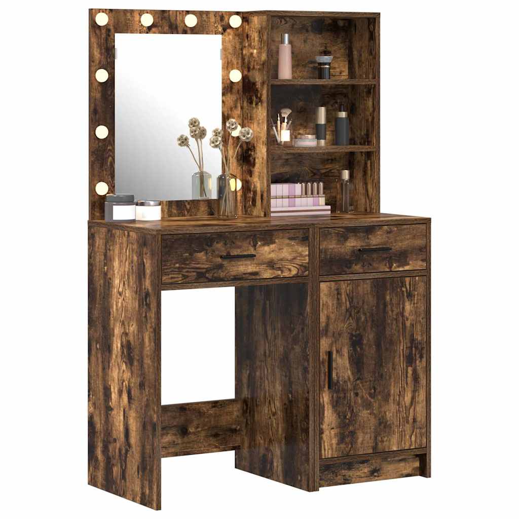 Ensemble de table de maquillage avec LED 2 pc Chêne fumé