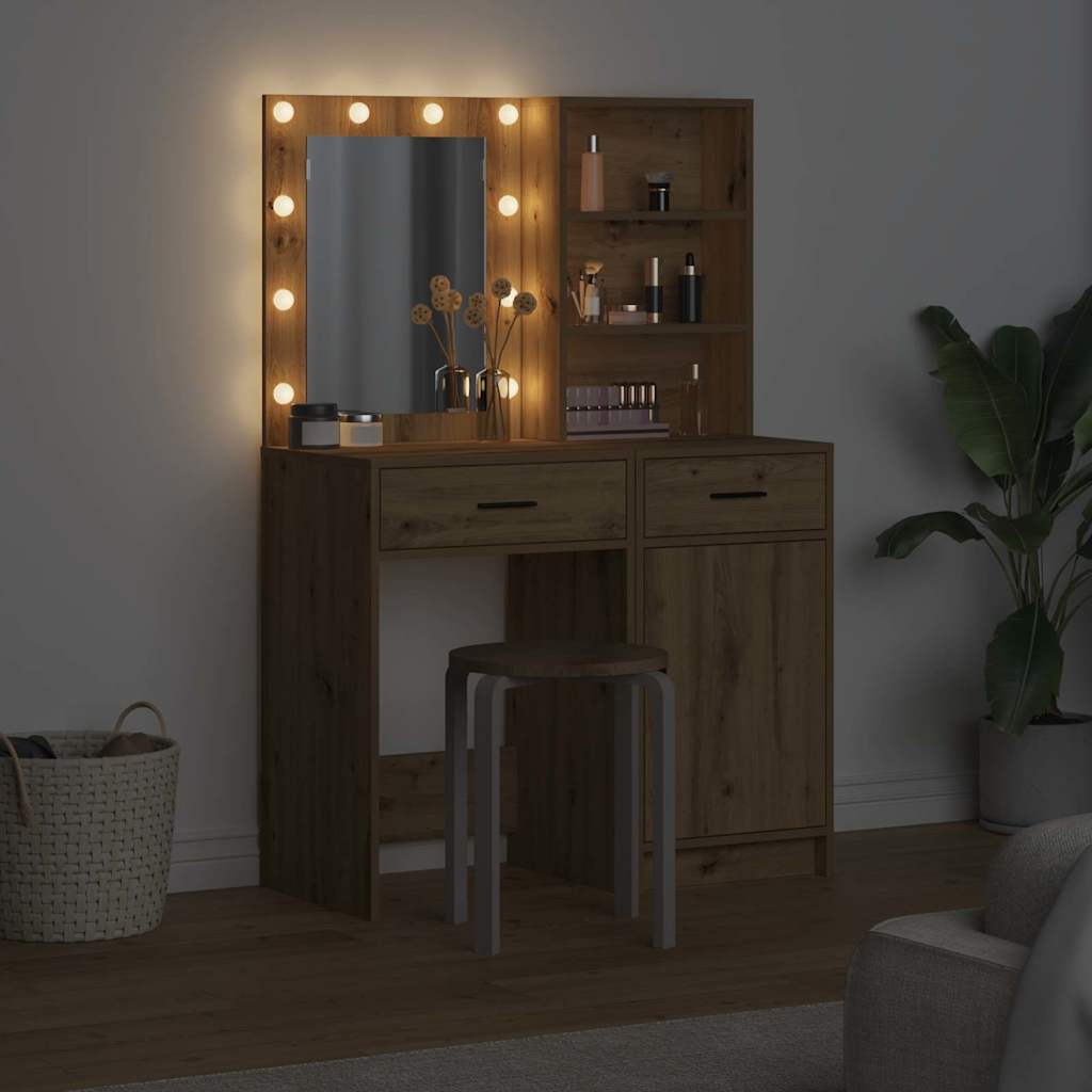 Ensemble de table de maquillage avec LED 2 pcs Chêne artisanal - XIOS