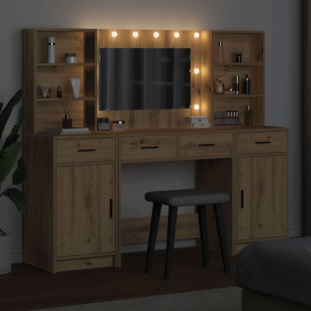 Ensemble de table de maquillage avec LED 3 pcs Chêne artisanal - XIOS