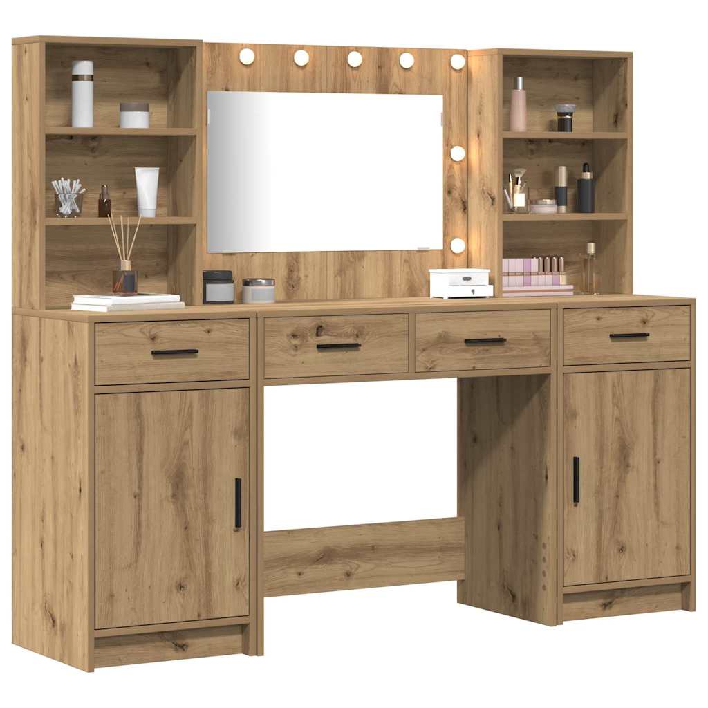 Ensemble de table de maquillage avec LED 3 pc Chêne artisanal