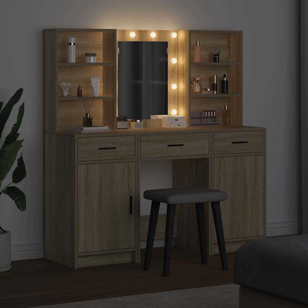 Ensemble de table de maquillage avec LED 3 pcs Chêne Sonoma - XIOS