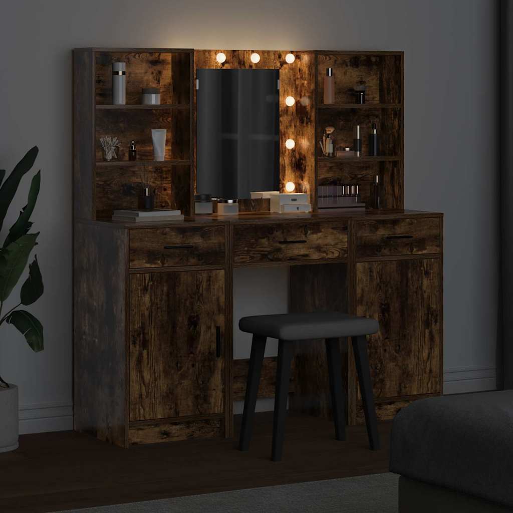 Ensemble de table de maquillage avec LED 3 pcs Chêne fumé - XIOS