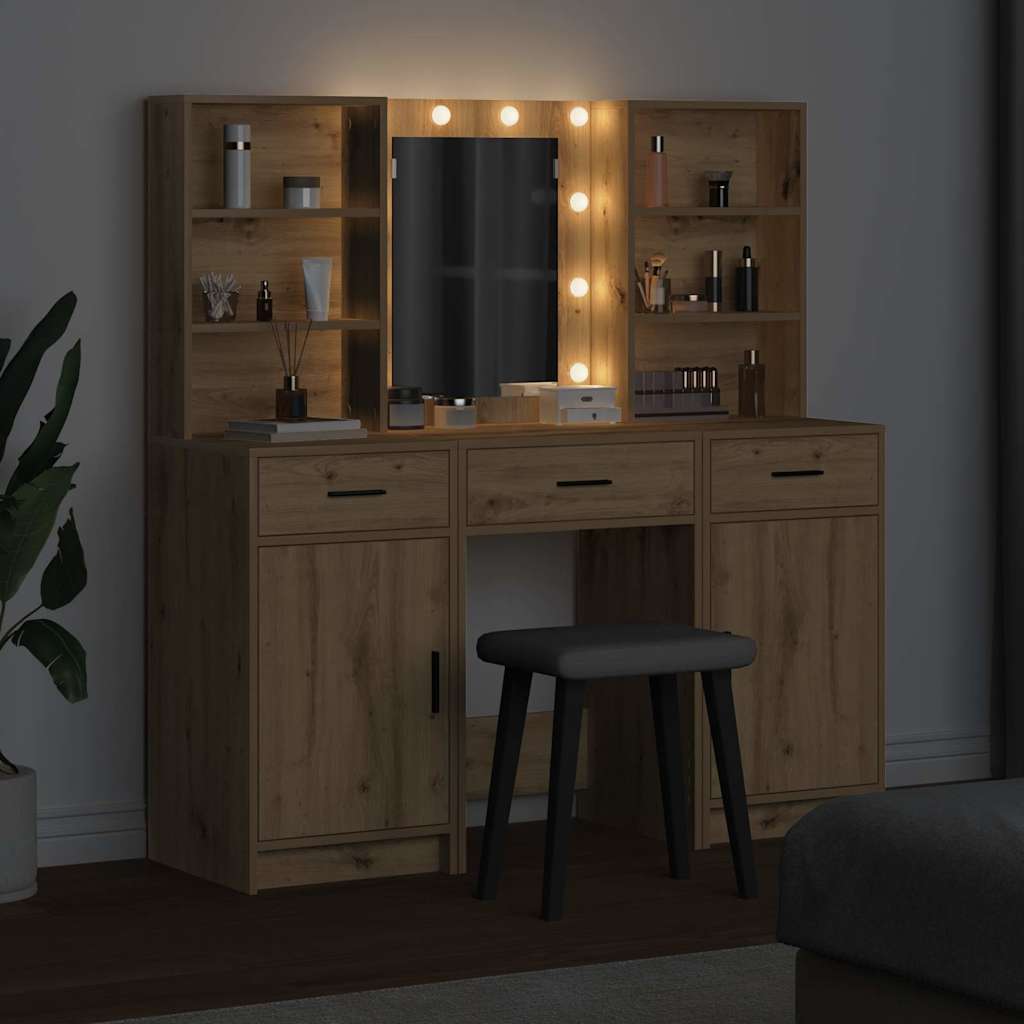 Ensemble de table de maquillage avec LED 3 pcs Chêne artisanal - XIOS