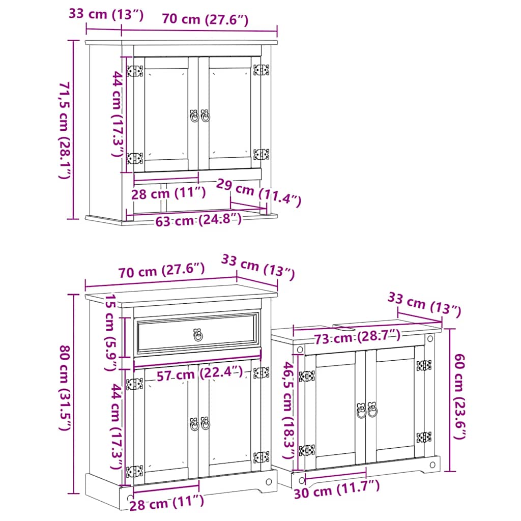 Ensemble de meubles salle de bain 3 pcs Corona bois pin massif