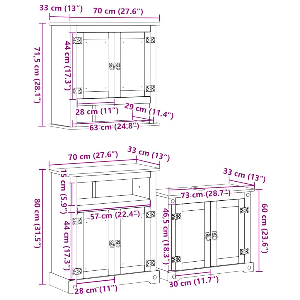 Ensemble de meubles salle de bain 3 pcs Corona bois pin massif