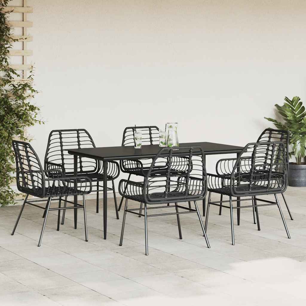 Ensemble à manger de jardin 7pcs noir poly rotin verre