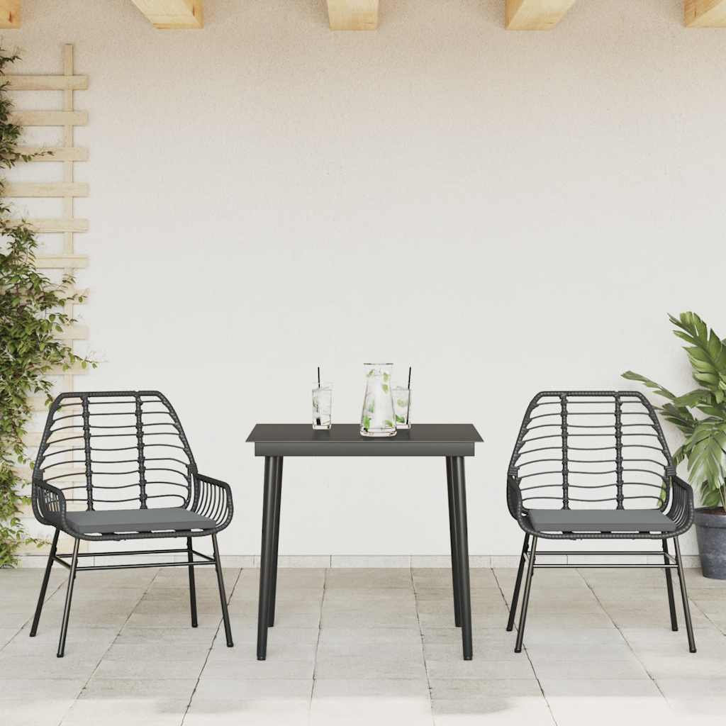 Ensemble à manger de jardin et coussins 3 pcs noir rotin verre
