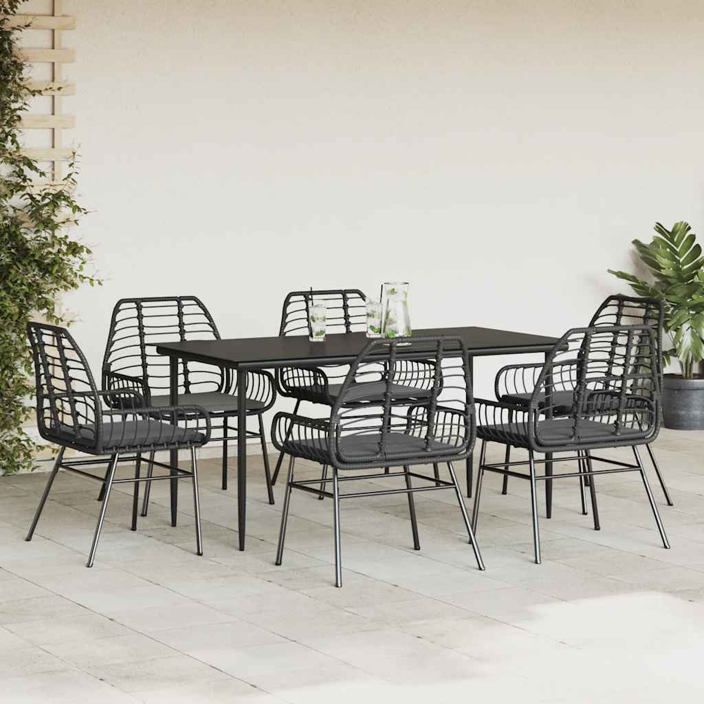 Ensemble à manger de jardin coussins 7pcs noir poly rotin verre