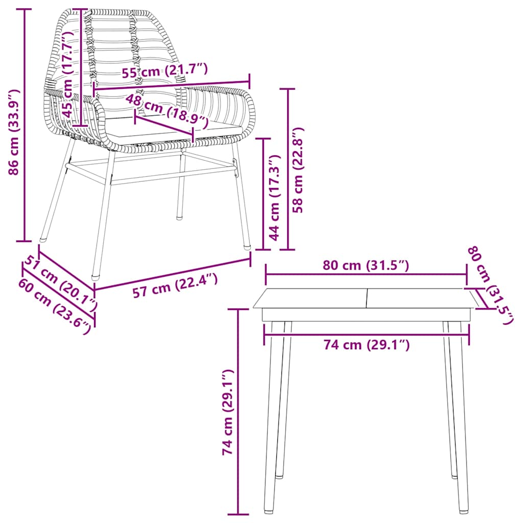 Ensemble à manger jardin coussins 3pcs marron poly rotin verre