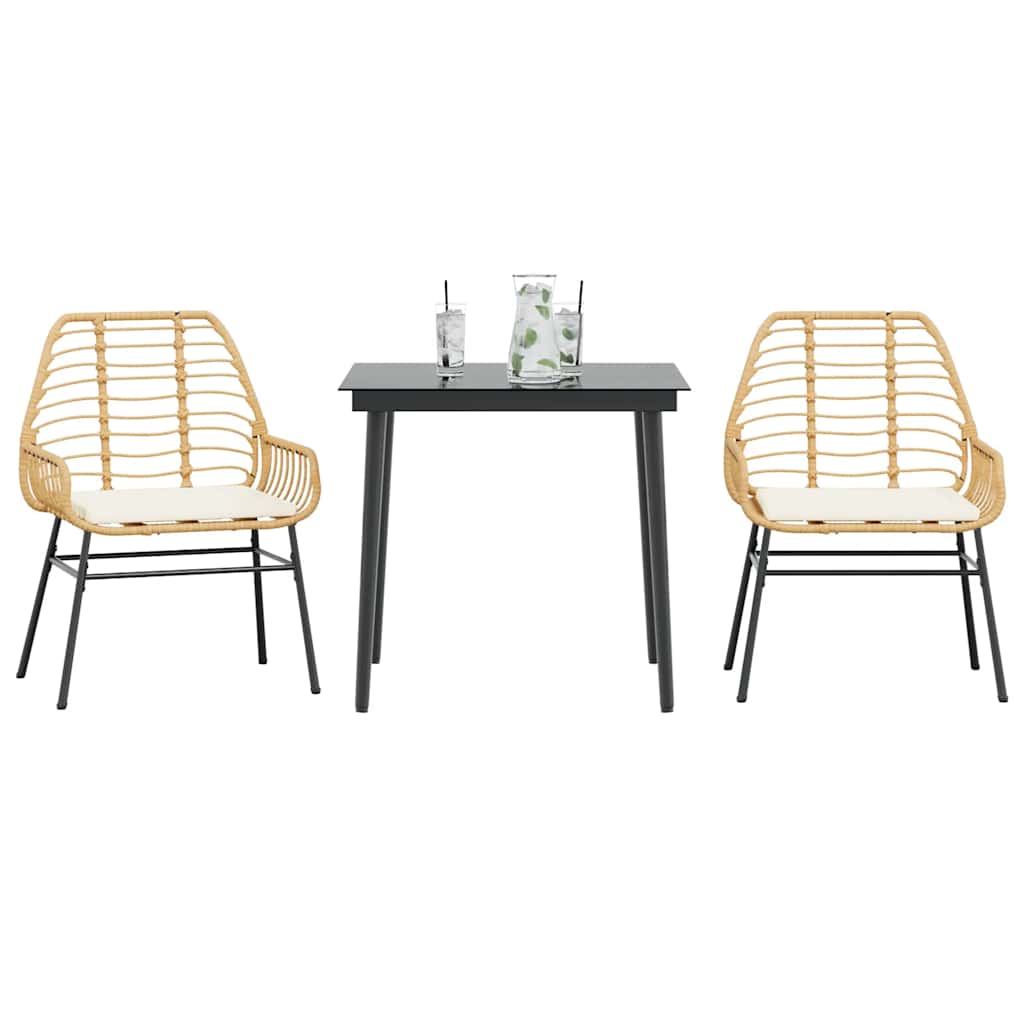 Ensemble à manger jardin coussins 3pcs marron poly rotin verre