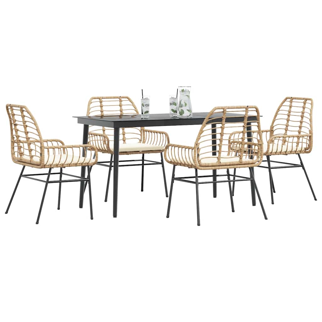 Ensemble à manger jardin coussins 5pcs marron poly rotin verre