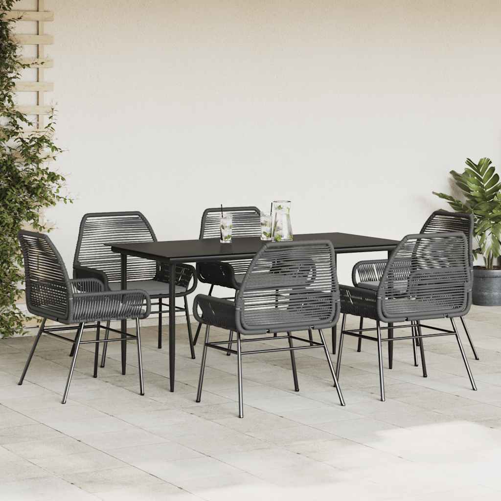 Ensemble à manger de jardin coussins 7pcs noir poly rotin verre