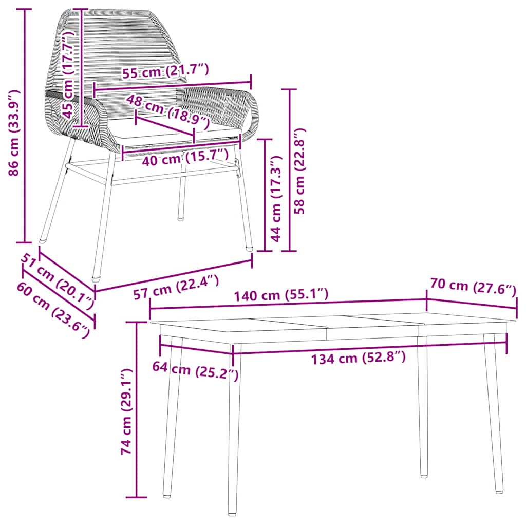 Ensemble à manger jardin coussins 5pcs marron poly rotin verre