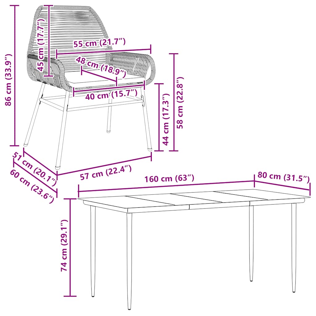 Ensemble à manger jardin coussins 7 pcs gris poly rotin verre