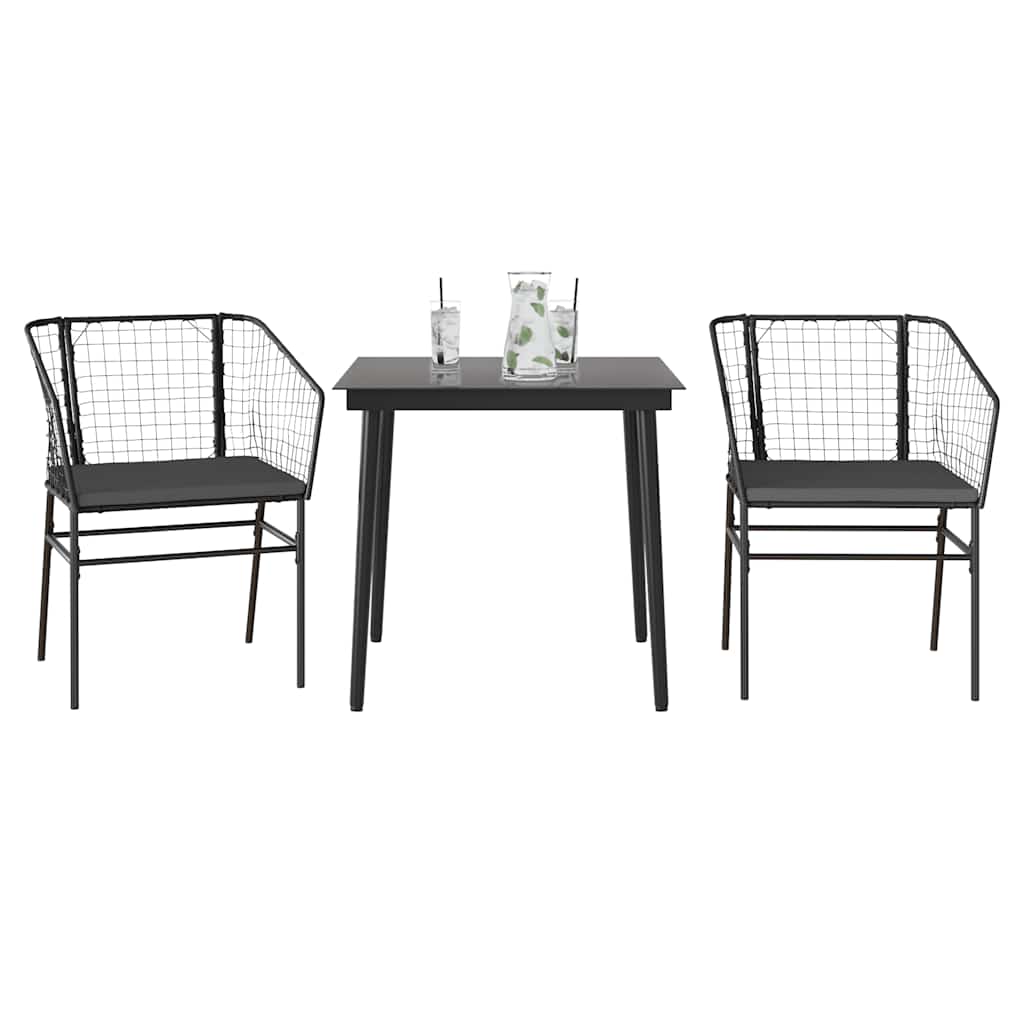 Ensemble à manger de jardin et coussins 3 pcs noir rotin verre