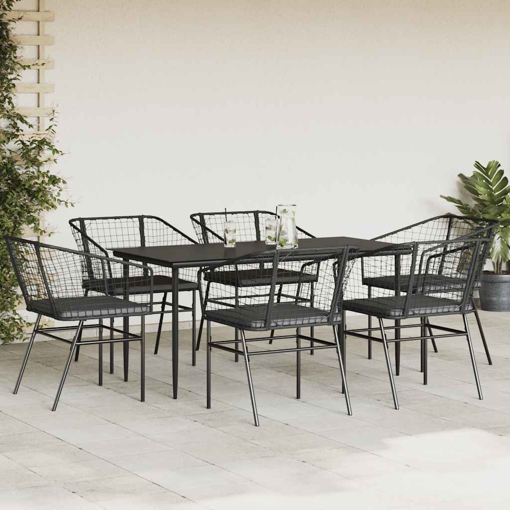 Ensemble à manger de jardin coussins 7pcs noir poly rotin verre