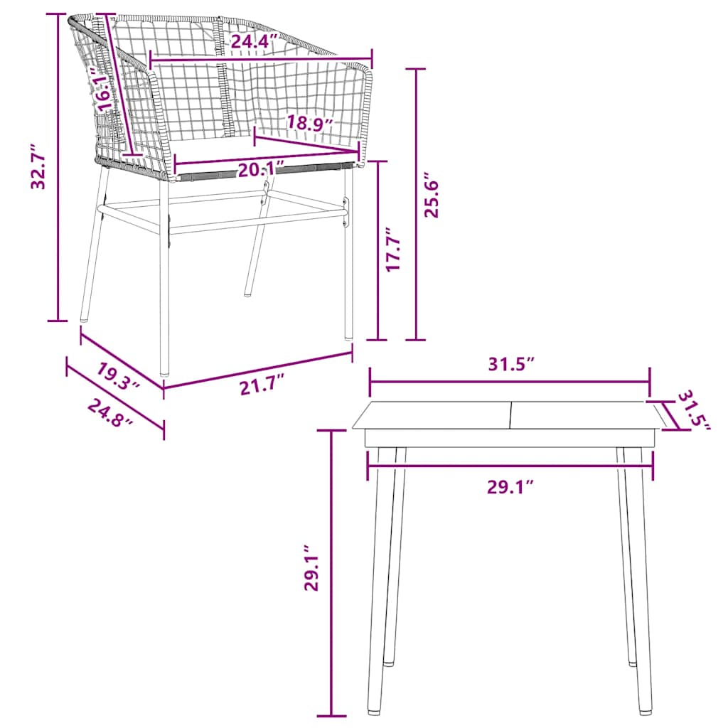 Ensemble à manger jardin coussins 3pcs marron poly rotin verre