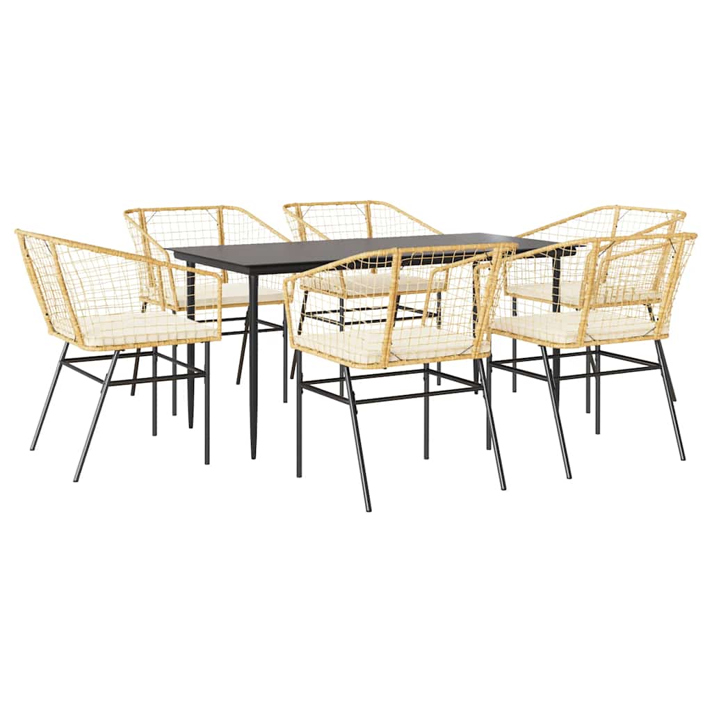 Ensemble à manger jardin coussins 7pcs marron poly rotin verre