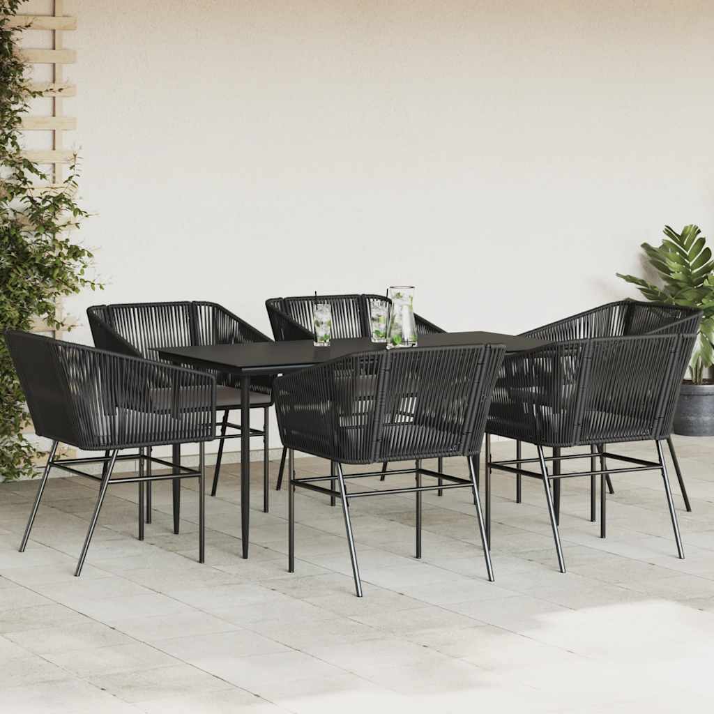 Ensemble à manger de jardin coussins 7pcs noir poly rotin verre