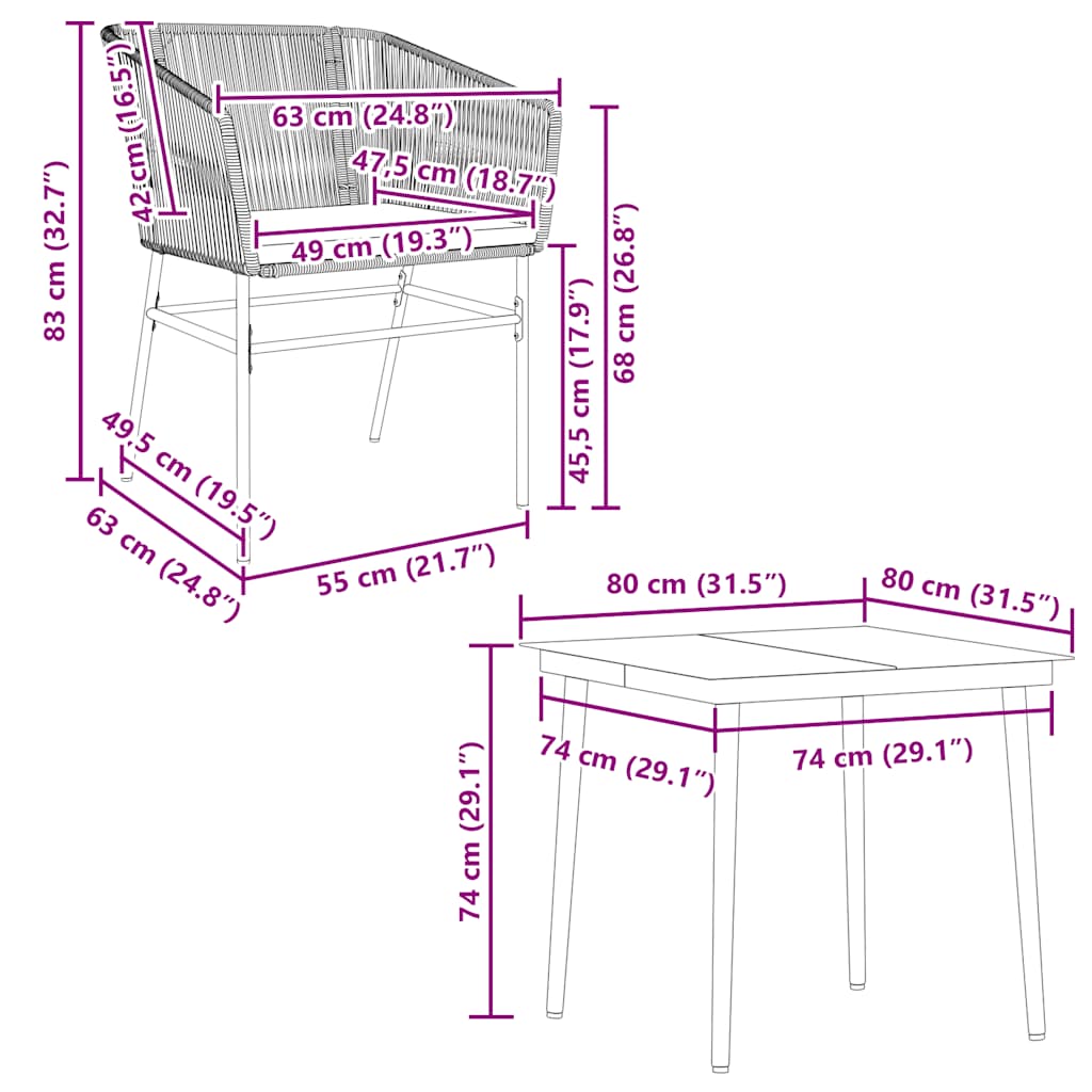 Ensemble à manger jardin coussins 5pcs marron poly rotin verre