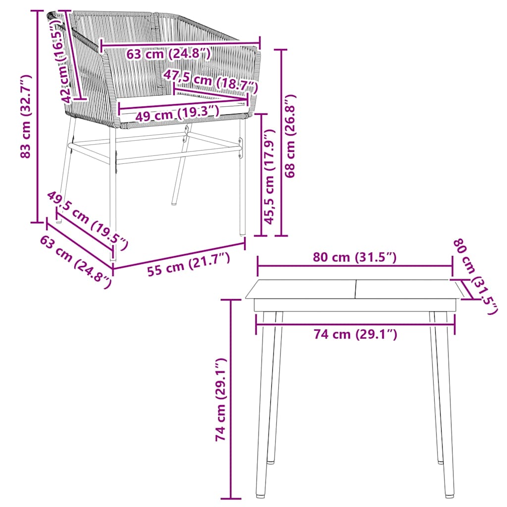 Ensemble à manger jardin coussins 3 pcs gris poly rotin verre