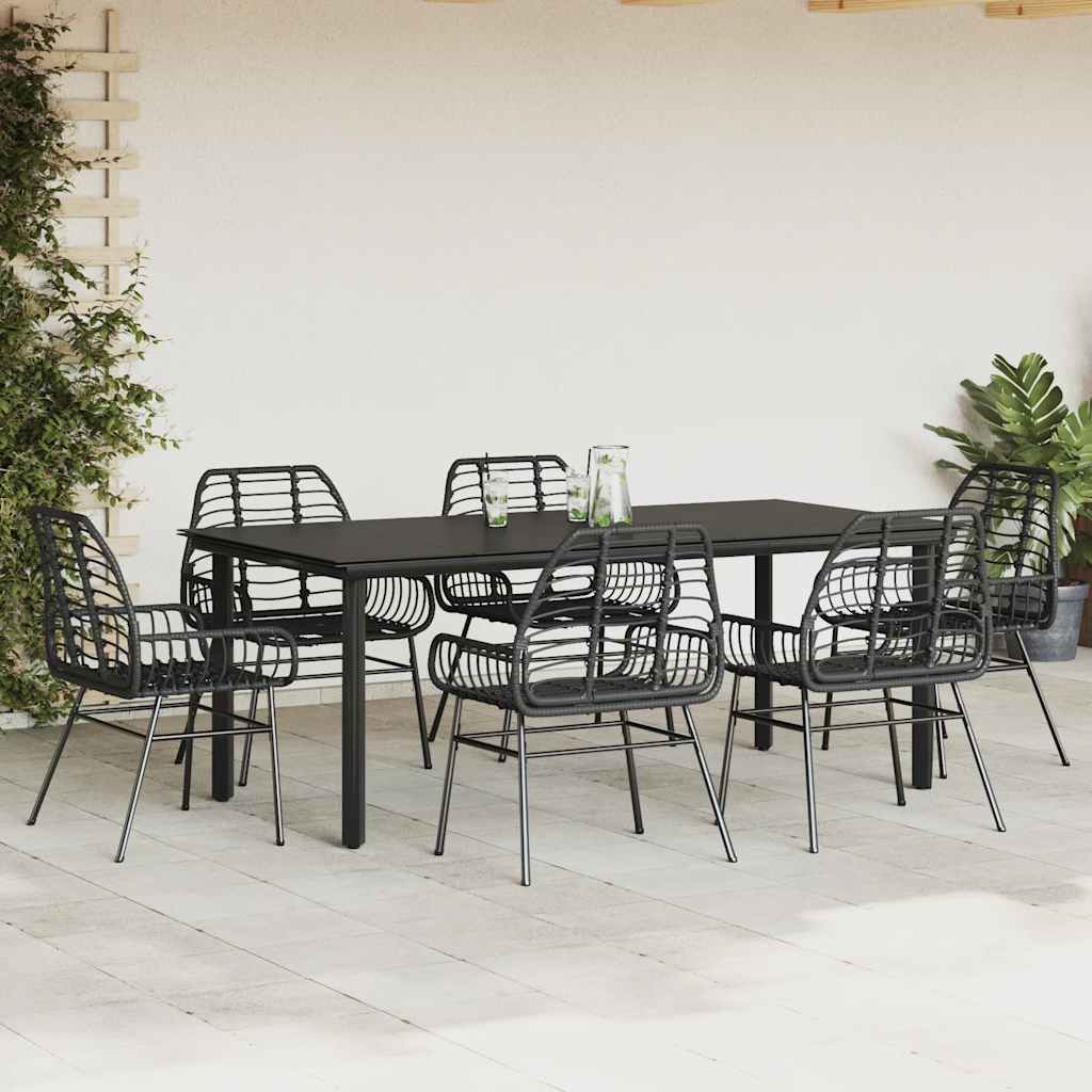 Ensemble à manger de jardin 7pcs noir poly rotin verre