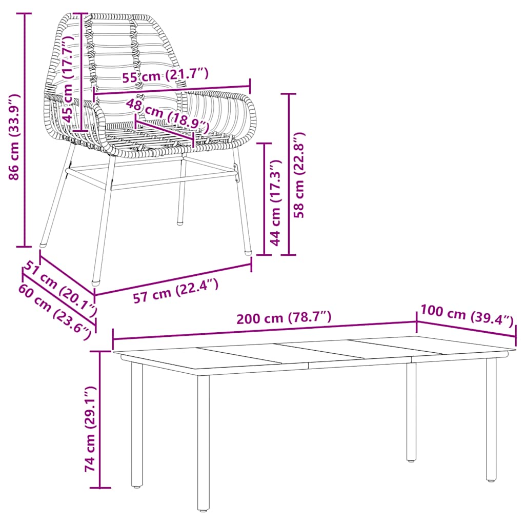 Ensemble à manger de jardin 9pcs noir poly rotin verre