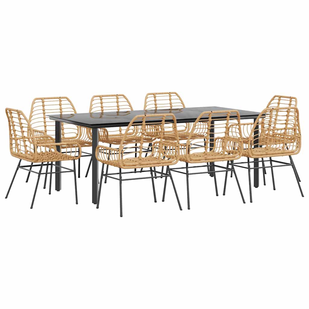 Ensemble à manger de jardin 9 pcs marron résine tressée verre
