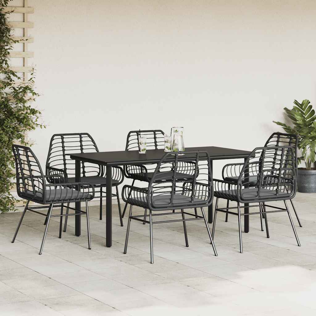 Ensemble à manger de jardin coussins 7pcs noir poly rotin verre