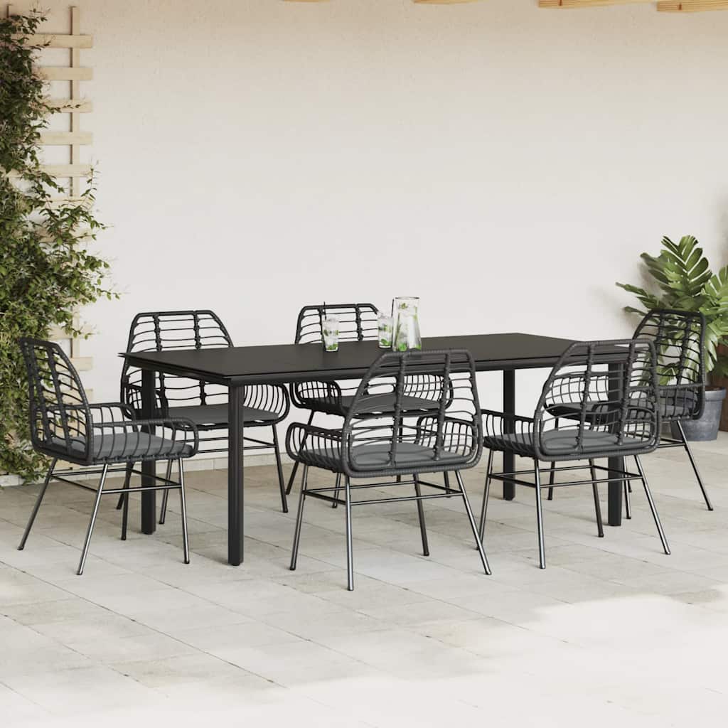 Ensemble à manger de jardin coussins 7pcs noir poly rotin verre