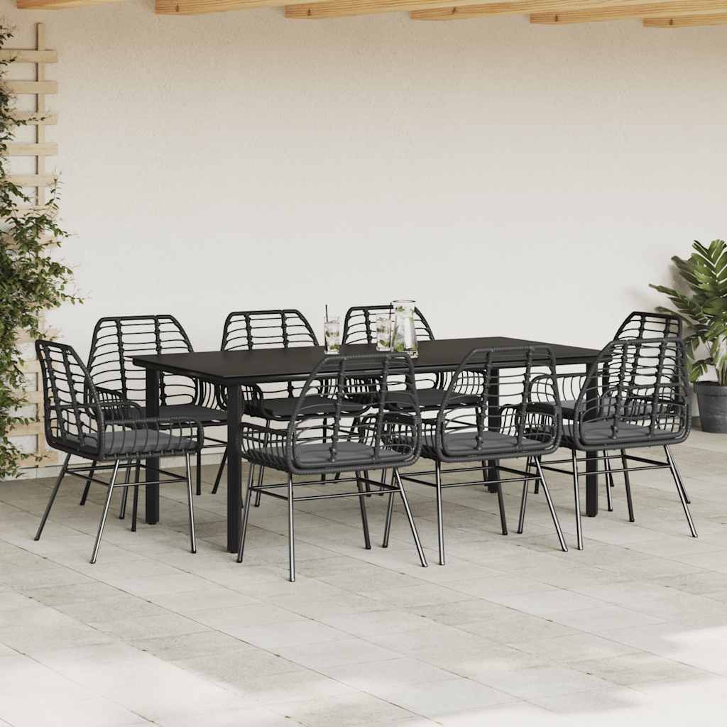 Ensemble à manger de jardin coussins 9pcs noir poly rotin verre