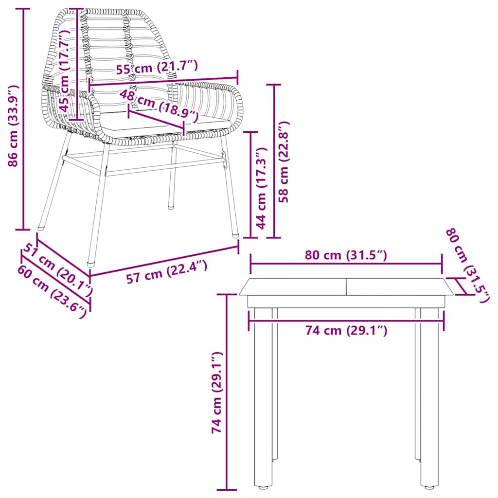 Ensemble à manger jardin coussins 3pcs marron poly rotin verre