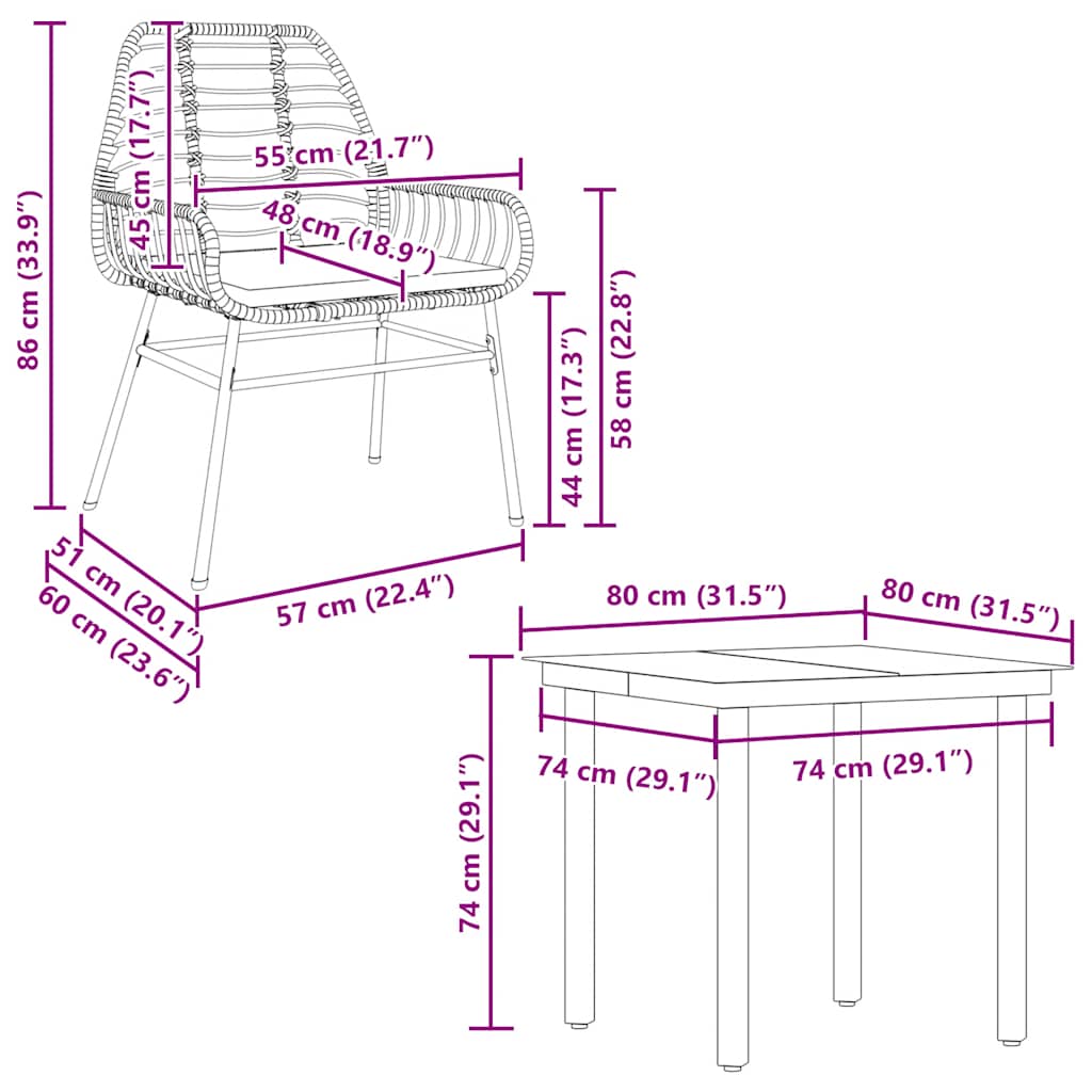 Ensemble à manger jardin coussins 5pcs marron poly rotin verre