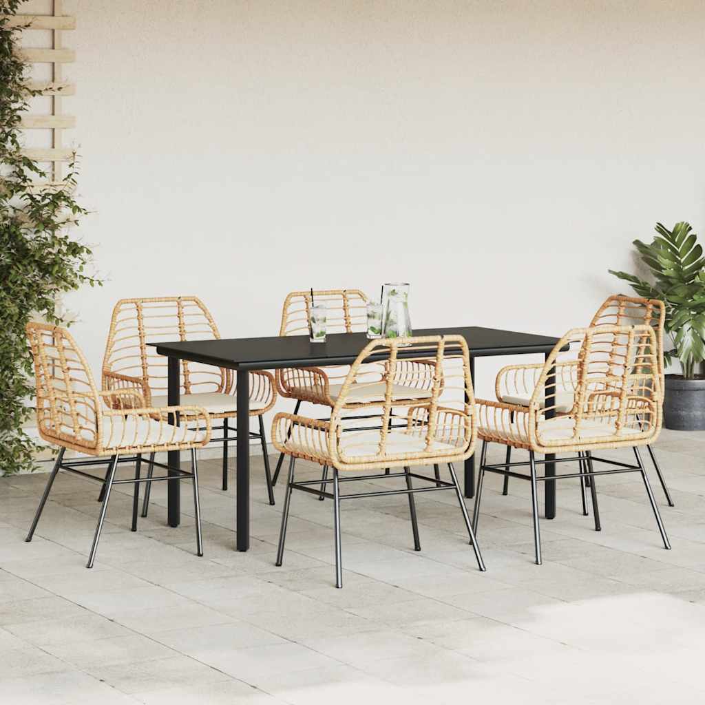 Ensemble à manger jardin coussins 7pcs marron poly rotin verre