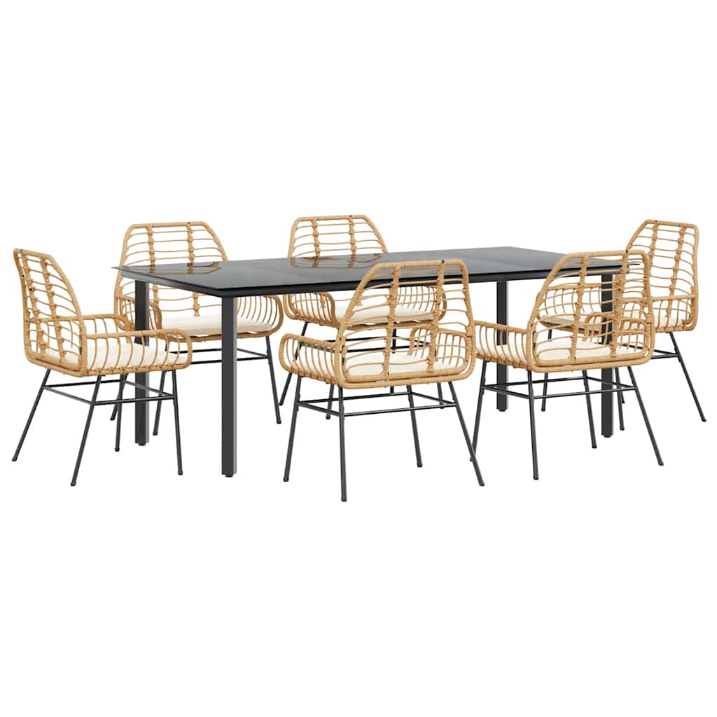 Ensemble à manger jardin coussins 7pcs marron poly rotin verre