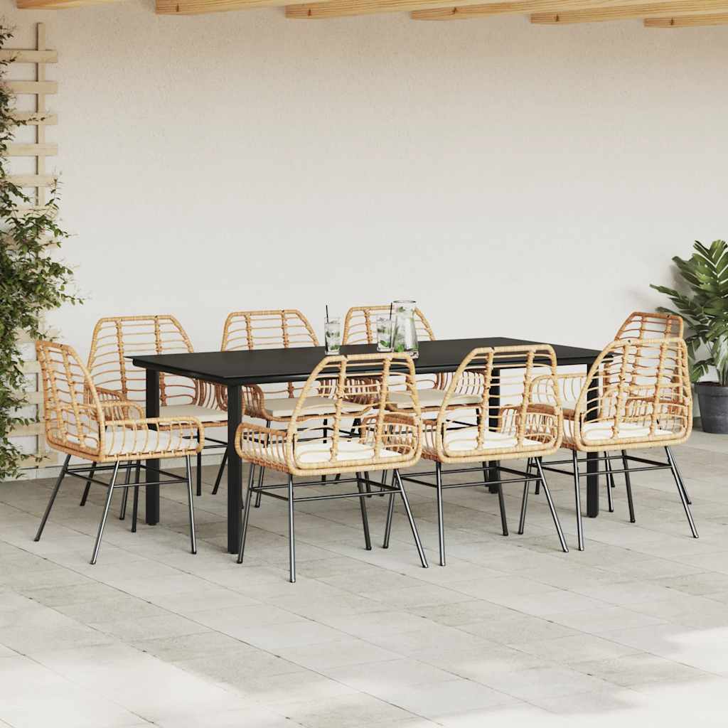 Ensemble à manger jardin coussins 9pcs marron poly rotin verre