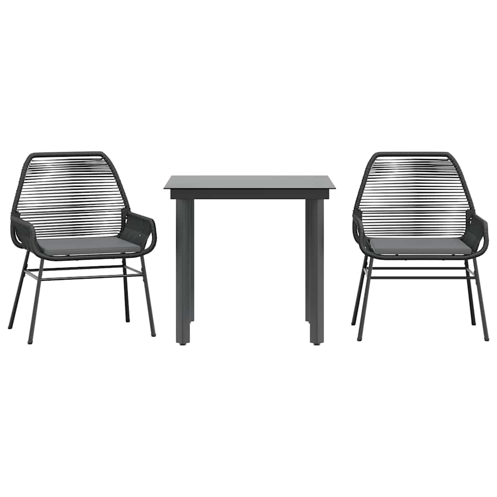 Ensemble à manger de jardin et coussins 3 pcs noir rotin verre