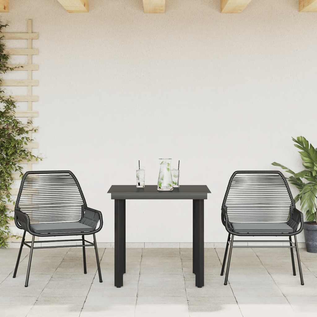 Ensemble à manger de jardin et coussins 3 pcs noir rotin verre