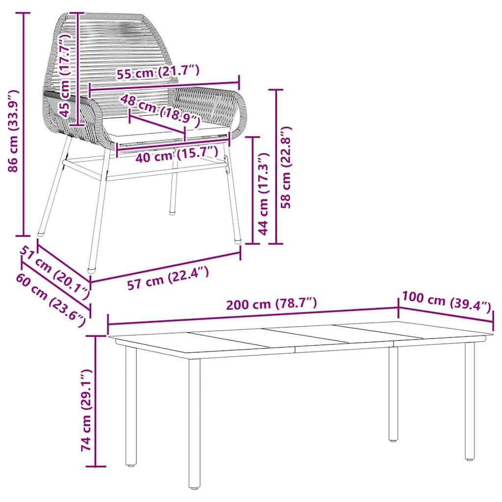 Ensemble à manger de jardin coussins 7pcs noir poly rotin verre